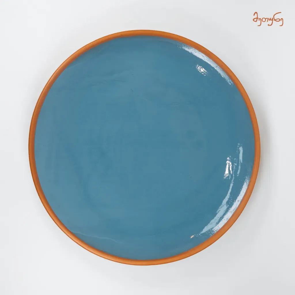 [2455] Clay Tray with Blue Glaze 35 cm
